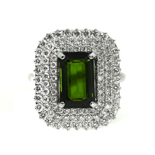 Inel Aur Alb 18k, Turmalina Verde 3.50 Ct, Diamante 1.38 Ct D