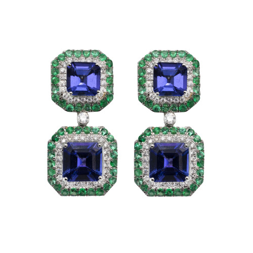 Cercei Aur 18k, Tanzanit 6.20 ct, Smaralde 1.09 ct, Diamante 0.62 ct