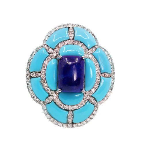 Inel Aur 14k, Turquoise 3.80 ct, Lapis Lazuli 2.65 ct, Diamante 0.70 ct