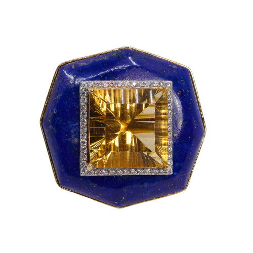 Inel Aur 18k,Citrin 7.44 ct, Lapis Lazuli 16.88 ct, Diamante 0.22 ct
