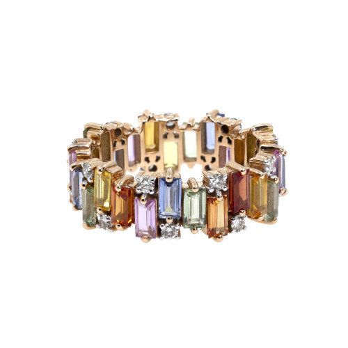 Inel Aur Roz 18k, Safire Multicolore 4.12 ct, Diamante 0.36 ct