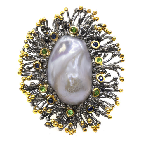 Inel Argint 925, Perla Baroque 33 ct, Tsavorite, Safire