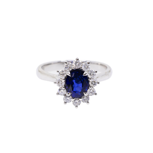 Inel Aur Alb 18k, Safir 1.2 ct, Diamante 0.45 ct